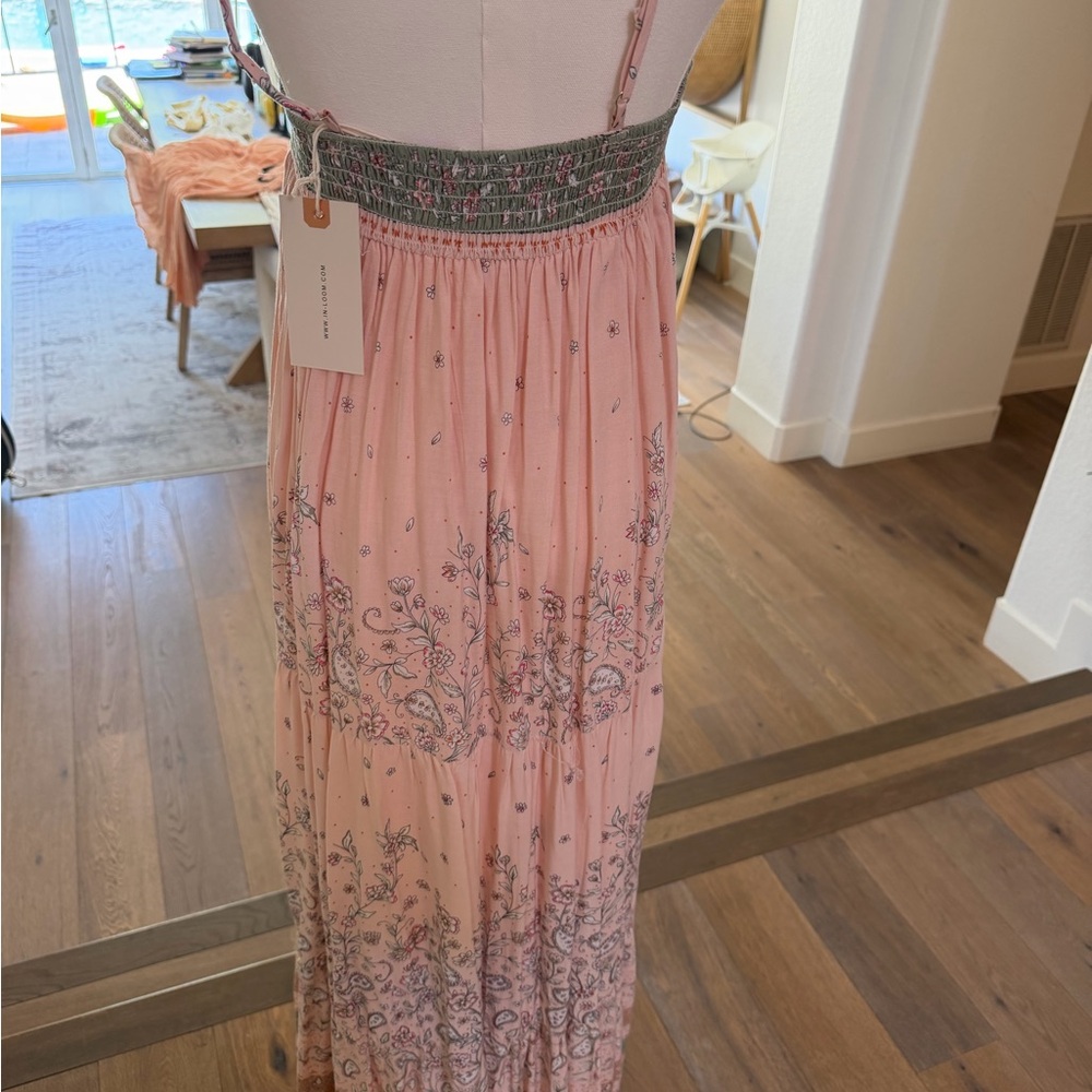 Ruffled Pink Floral Maxi Dress with Smocked Green Waistband - Picture 2 of 4